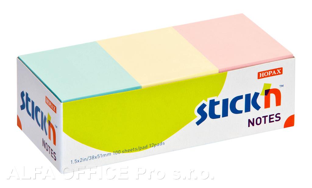 Samolepicí bločky Stick´n by Hopax barevné - 38 x 51 mm / 12 x 100 lístků / pastelové barv