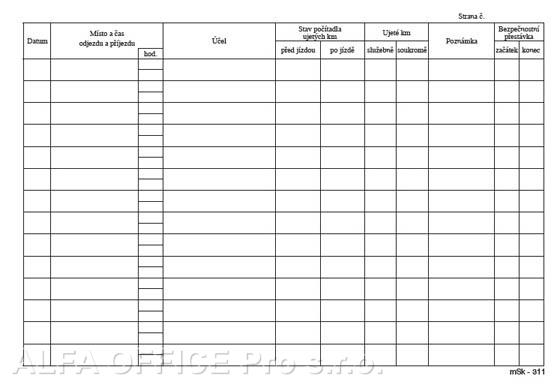 MSK 7400311 kniha jízd firemní vozidlo 20 listů A5