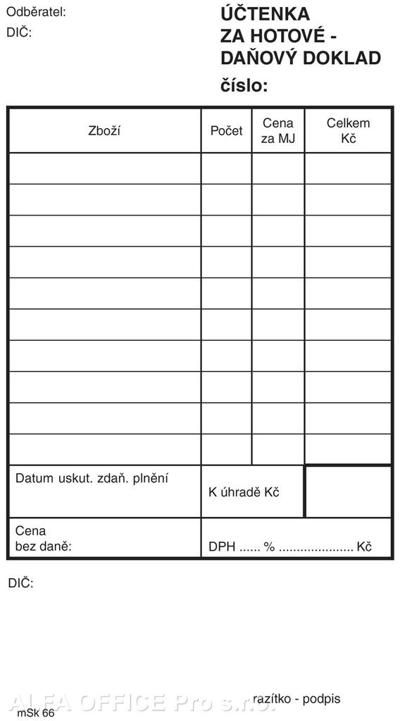 MSK 7400065 účtenka za hotové nečíslovaná 100 listů NCR