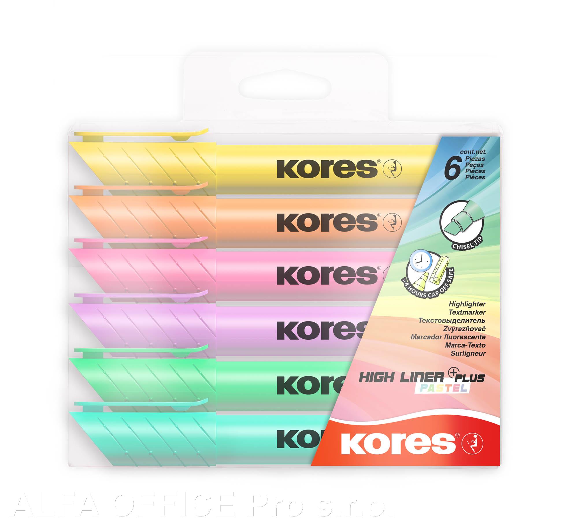 Zvýrazňovač Kores High Liner PLUS Pastel / sada 6 ks