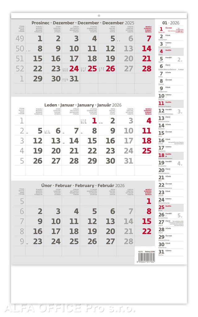 Kalendář nástěnný pracovní - tříměsíční šedý s poznámkami / N210 