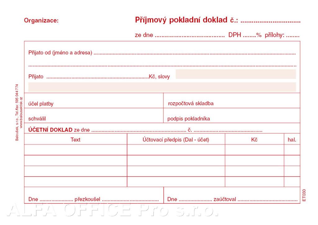 Příjmový pokladní doklad i pro podvojné účetnictví Baloušek A6 / nečíslovaný / 50 listů / 
