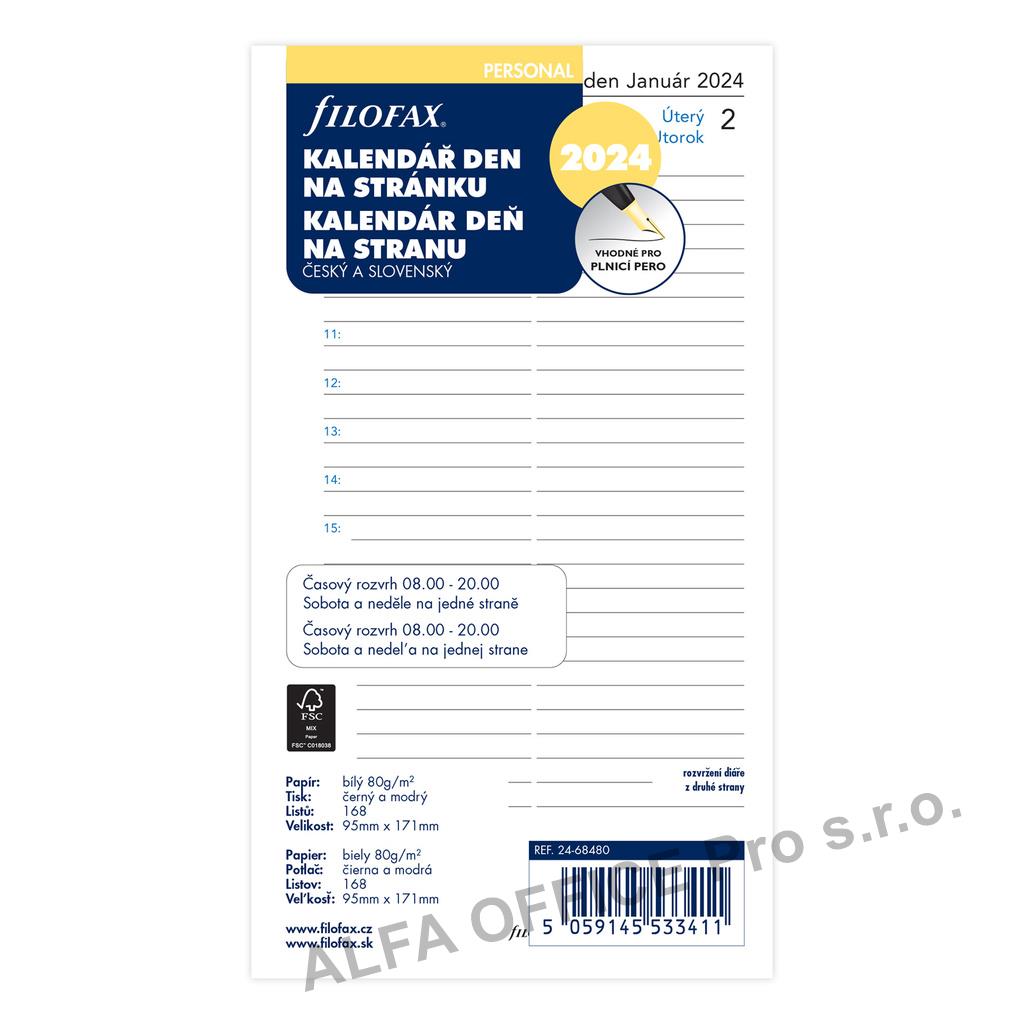 Náhradní vložka do diářů Filofax - kalendář osobní / denní