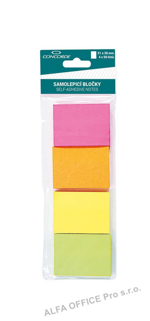 Samolepicí bločky Concorde neonové - 51 mm x 38 mm / 4 ks