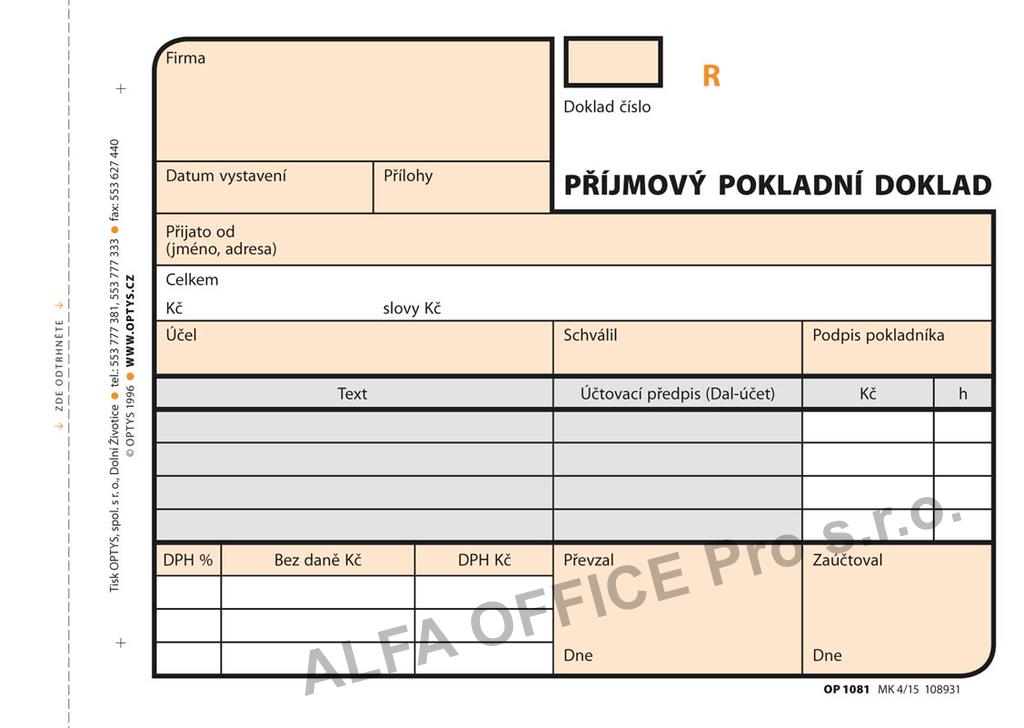 Optys 1081 příjmový pokladní doklad číslovaný 2 x 50 listů NCR A6