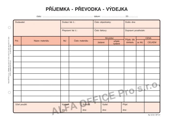 Optys 1087 příjemka - převodka - výdejka 100 listů NCR A5