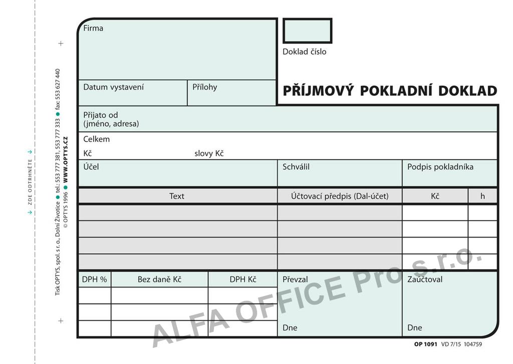 Optys 1091 příjmový pokladní doklad nečíslovaný 2 x 50 listů NCR A6