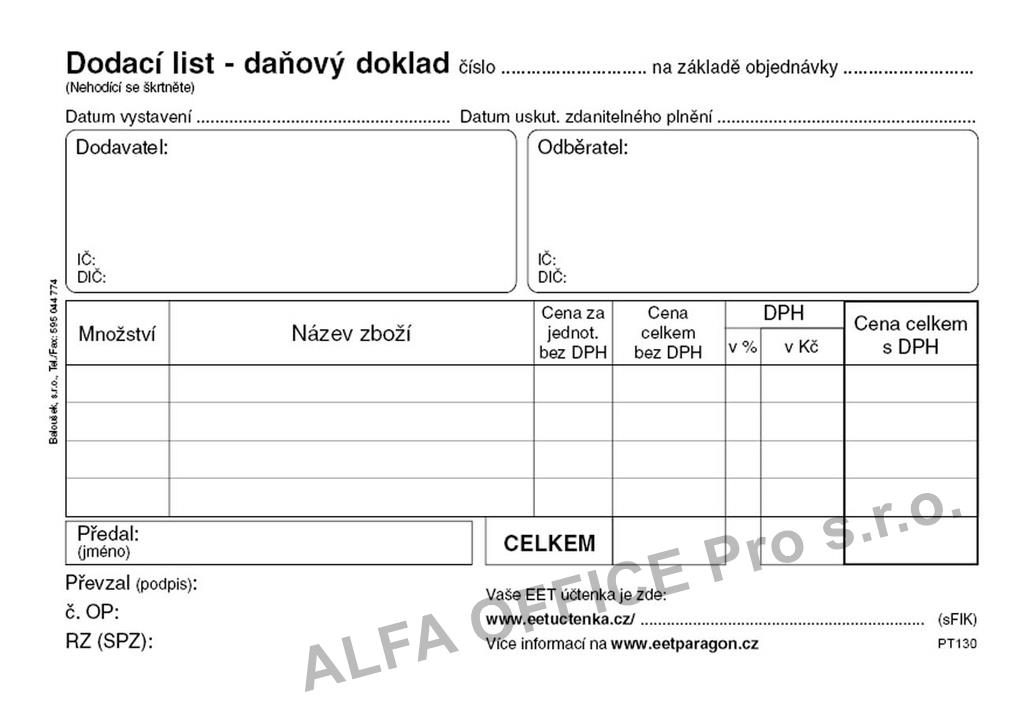 Dodací list daňový doklad Baloušek A6 / 50 listů / NCR / PT130
