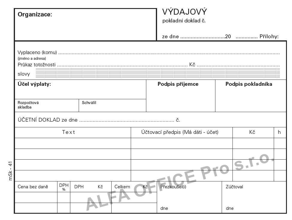 MSK 41 výdajový pokladní doklad nečíslovaný 100 listů NCR A6