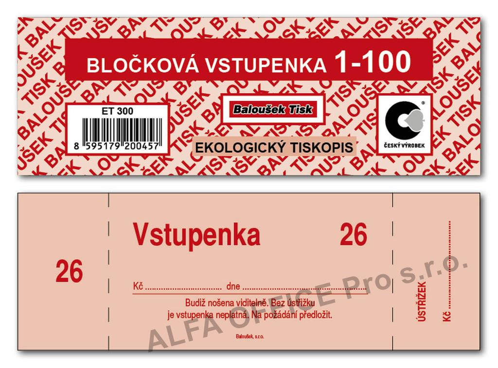 Bločkové vstupenky Baloušek 133 x 39 mm / 1-100 / 4 odstíny barev / ET300