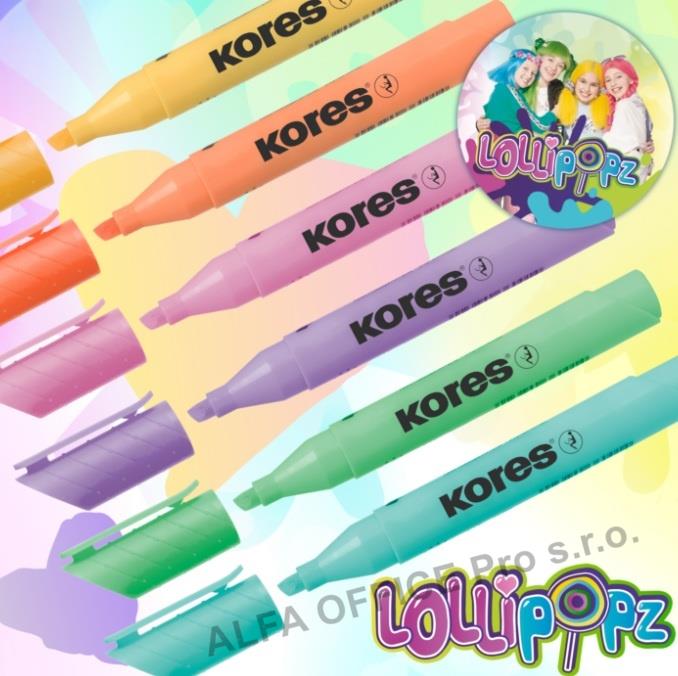 Zvýrazňovač Kores High liner PLUS PASTEL  LOLLIPOPZ - sada 6 ks
