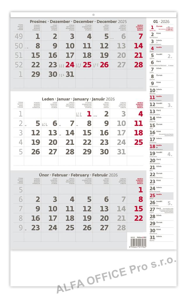 Kalendář nástěnný pracovní - tříměsíční šedý s poznámkami / N210 