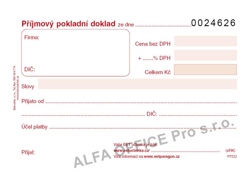 Příjmový pokladní doklad Baloušek A6 / číslovaný / 50 listů 1+1 / PT022