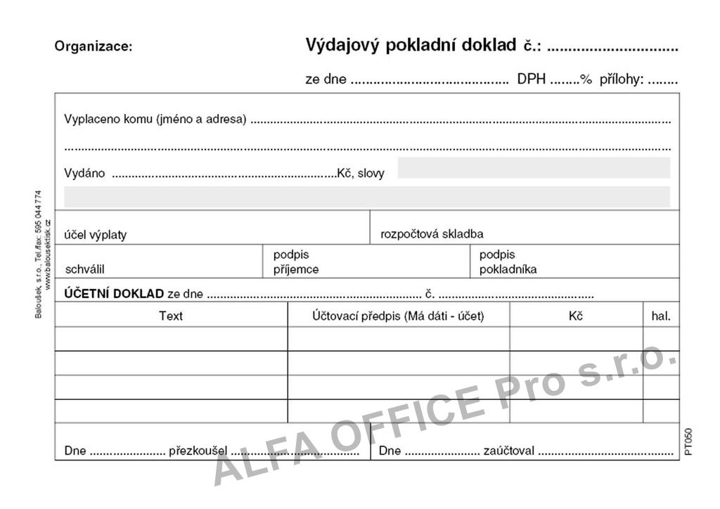 Výdajový pokladní doklad i pro podvojné účetnictví Baloušek: A6 / nečíslovaný / 50 listů /
