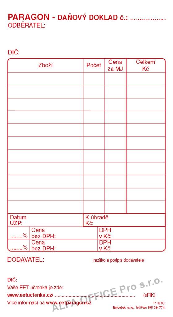 Paragon daňový doklad blok Baloušek 80 x 150 mm / nečíslovaný / 50 listů / NCR / PT010