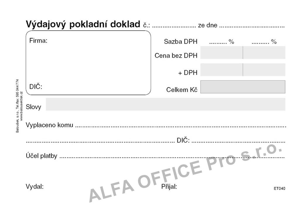 Výdajový pokladní doklad Baloušek A6 / nečíslovaný / 50 listů / ET040
